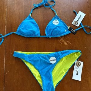 Reversible blue and lime green bikini